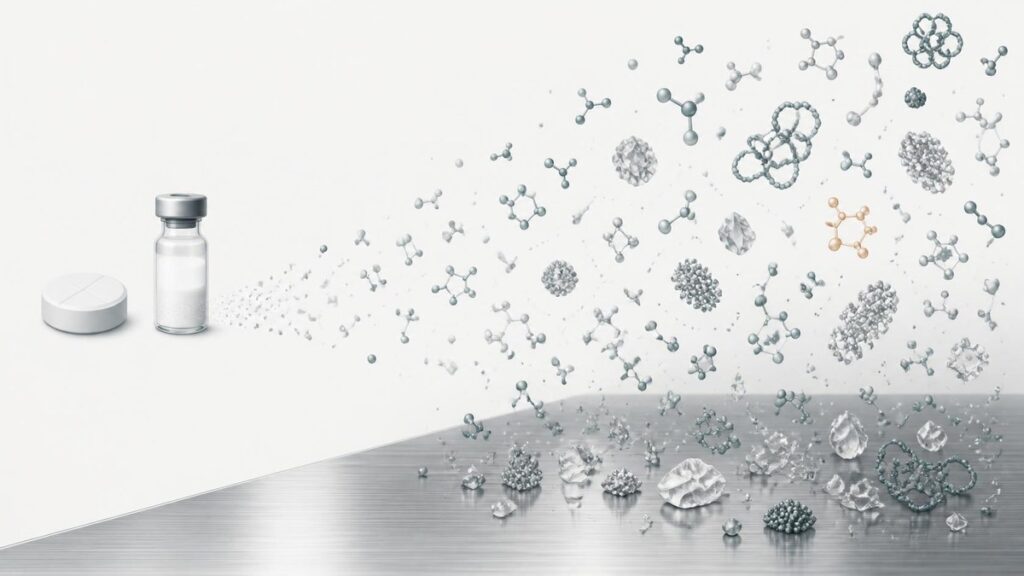 Tablet and vial releasing a stream of molecular particles, representing active ingredient and excipient residues left behind during cleaning validation.